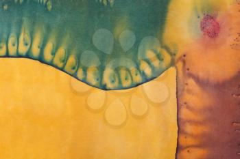 abstract yellow and green contour and salting pattern of painted silk batik on handmade scarf