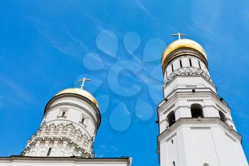 Ivan the Great Bell Tower and Assumption belfry in Moscow Kremlin in summer day