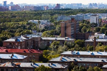 above view of green area in Moscow city in summer afternoon