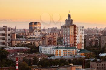 cityscape with yellow sunset sky in Moscow