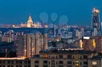 Moscow city skyline at dusk in summer night