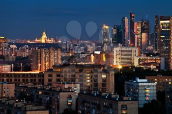panorama of Moscow city in blue summer night