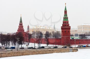 snow in Moscow - view of Kremlin in winter snowing day