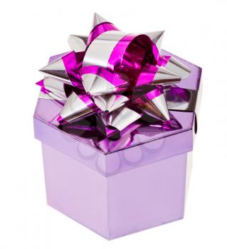 shiny magenta gift box with tinsel knot isolated on white background