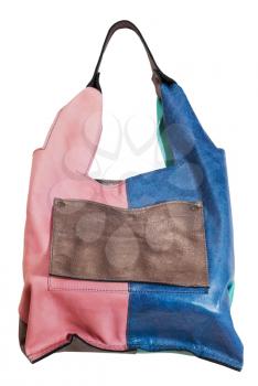 pink and blue leather handbag with brown pocket isolated on white background