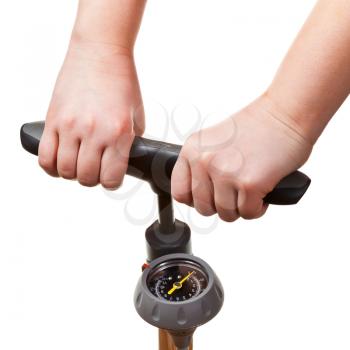 pumping by manual air pump with pressure indicator isolated on white background