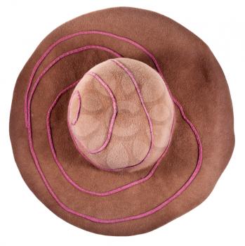 top view of brown broad-brim felt hat isolated on white background