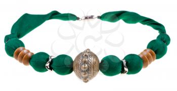 handmade green silk and bronze ball necklace isolated on white background