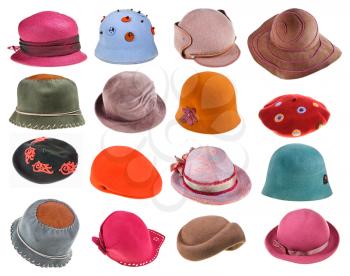 set of felt ladies hats isolated on white background