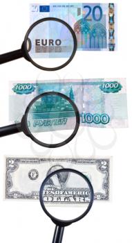 magnifying loupe zoom banknote isolated on white background