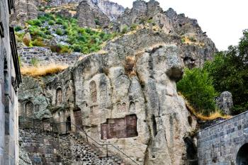 chapel and khachkar carved cross-stones in medieval geghard monastery in Armenia