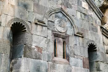 detail of facade of Katoghiken church of medieval geghard monastery in Armenia