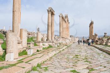  long colonnaded street or cardo in antique town Jerash in Jordan