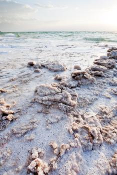 crystalline salt on beach of Dead Sea, Jordan