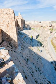 stone fortified walls of  crusader castle Kerak, Jordan