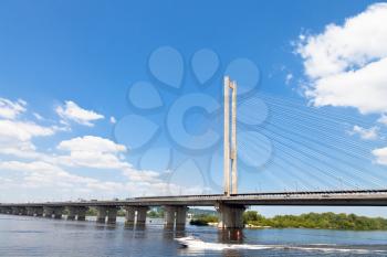 Rybalskyi (Fisherman's) cable-stayed Bridge through Dnieper River in Kiev, Ukraine