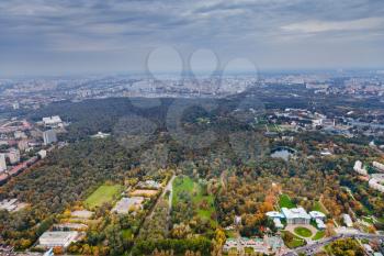 above view on Ostankino Palace and Moscow cityscape in autumn afternoon