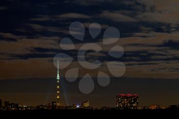 night urban landscape with Ostankino tower in Moscow