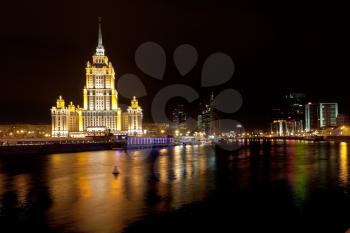 view of World Trade Center and Ukraina Hotel in Moscow, Russia at nignt