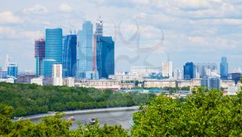 cityscape of new Moscow City buildings in spring
