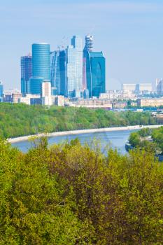 cityscape of new Moscow City buildings in spring