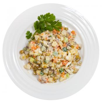 top view of Russian Olivier salad traditional salad dish from Russia