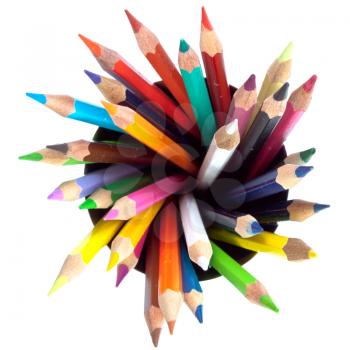 many colored pencils with white background