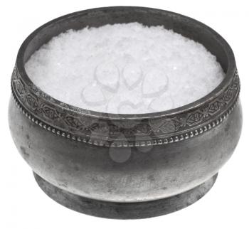 retro silver saltcellar with salt isolated on white