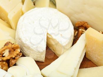 various cheeses on wooden plate close up