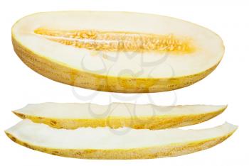 two slices and Uzbek-Russian Melon (mirzachul melon, gulabi melon, torpedo melon) isolated on white background