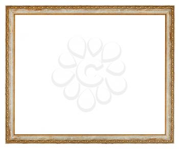 old narrow decorated wooden picture frame with cut out canvas isolated on white background