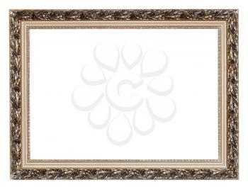 vintage wide silver carved wooden picture frame with cut out canvas isolated on white background