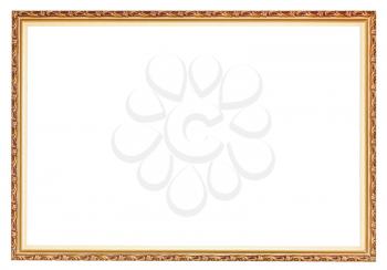 narrow carved ancient gold wooden picture frame with cut out canvas isolated on white background