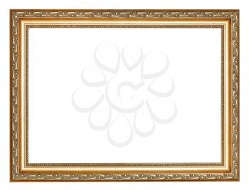 wide carved ancient gold wooden picture frame with cut out canvas isolated on white background