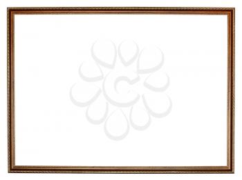 narrow carved retro dark brown wooden picture frame with cut out canvas isolated on white background