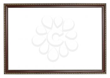 narrow carved ancient dark brown wooden picture frame with cut out canvas isolated on white background