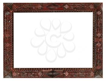 vintage wide carved wooden picture frame with cut out canvas isolated on white background