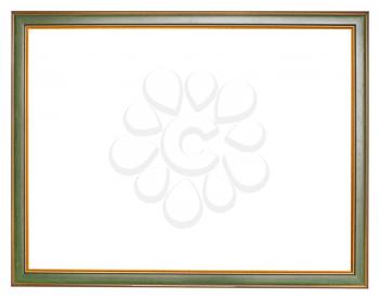 old narrow green wooden picture frame with cut out canvas isolated on white background