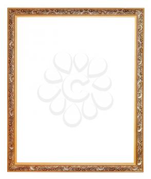 narrow gilted carved old wooden picture frame with cut out canvas isolated on white background