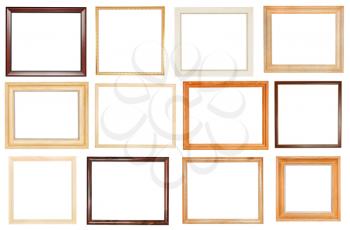 set of wide wooden picture frames with cut out canvas isolated on white background