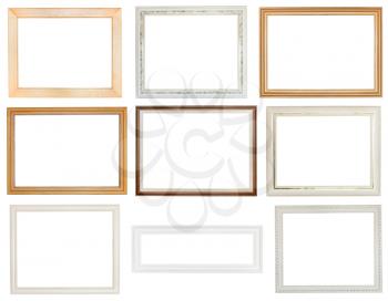 set of different wooden picture frames with cut out canvas isolated on white background