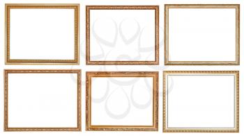 set of ancient classic wooden picture frames with cut out canvas isolated on white background