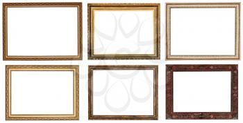 set of wide retro wooden picture frames with cut out canvas isolated on white background