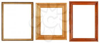 three wooden picture frames with cut out canvas isolated on white background