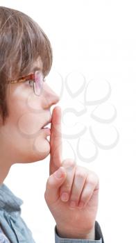 finger near lips - silence hand gesture isolated on white background