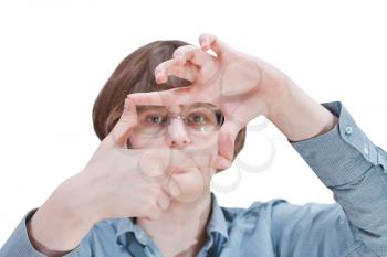 look through fingers windowing - hand gesture isolated on white background