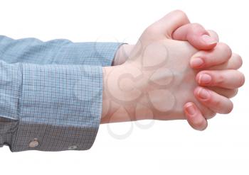 side view of clenched hands - hand gesture isolated on white background