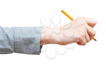 side view of hand writes by yellow pen isolated on white background