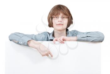 woman points on blank billboard isolated on white background