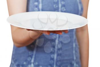empty white plate on hand isolated on white background